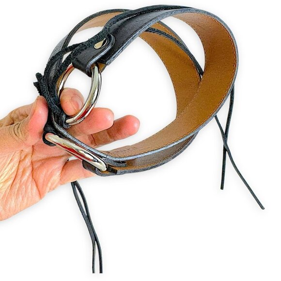 Laura Accessories - Laura Petites Genuine Leather Y2K 90s Black Belt Double Ring Silver-Tone Buckle